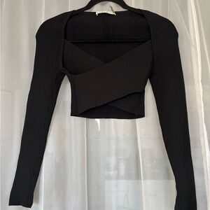 Alice and Olivia Black Ribbed Long Sleeve Crop Top